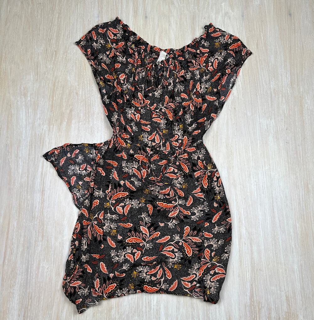 H&M Black Mustard Burnt Orange Print Maxi Dress Casual Stretch Double Slits 8